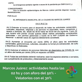 Marcos Juárez: actividades hasta las 02 hs con aforo del 50% y velatorios con el 30%