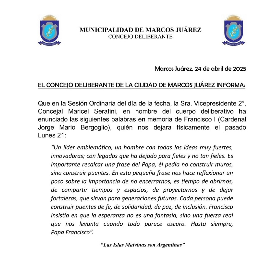 Comunicado del Concejo Deliberante de Marcos Juárez sobre la muerte del Papa Francisco