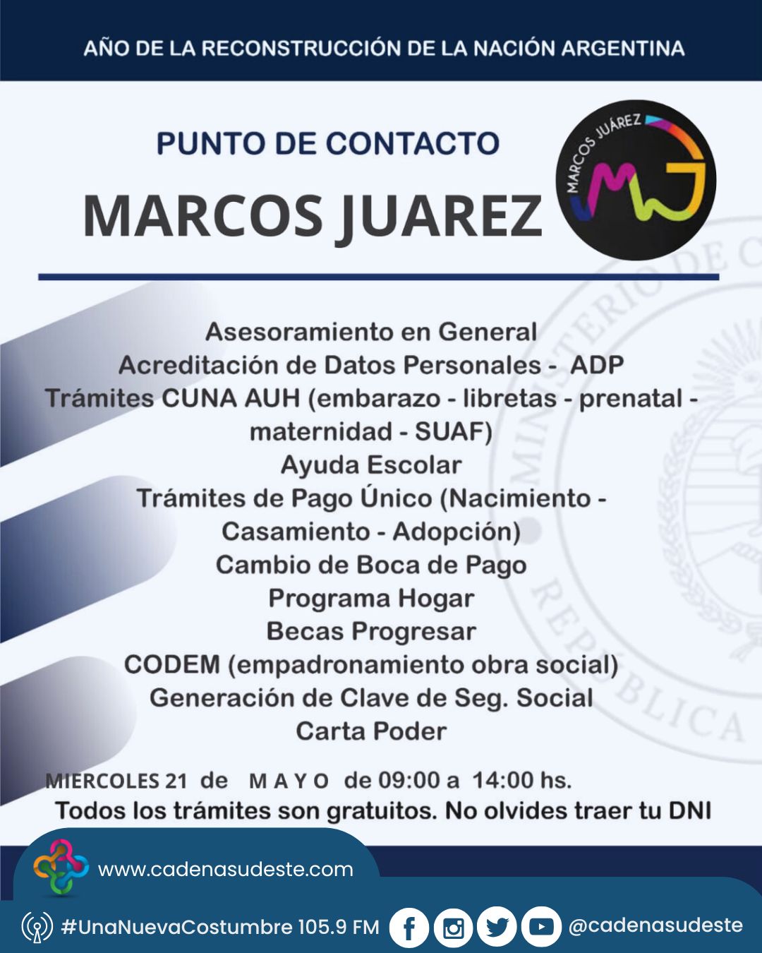 ANSES y PAMI brindarán atención en Marcos Juárez este miércoles 