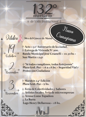 Se reprograman para el 03 de noviembre los festejos del aniversario de Marcos Juárez

