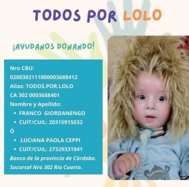 “Todos por Lolo”: necesita un tratamiento urgente antes de llegar a los dos años