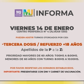 Martes 11 a viernes 14: tercera dosis refuerzo + 18 años 