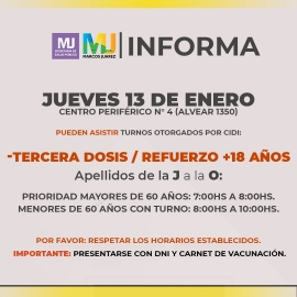 Martes 11 a viernes 14: tercera dosis refuerzo + 18 años 