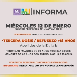Martes 11 a viernes 14: tercera dosis refuerzo + 18 años 