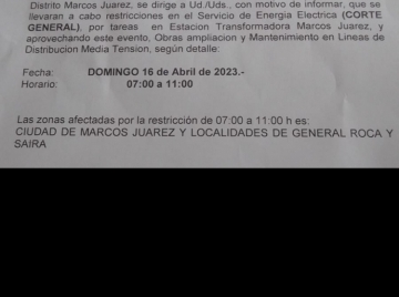 Corte general en todo Marcos Juárez, General Roca y Saira para el próximo domingo 16 de abril