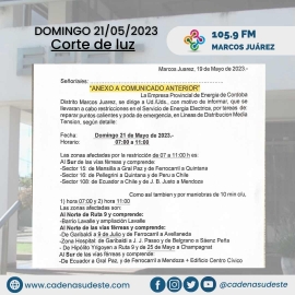 Corte de energía eléctrica para este domingo 21 de mayo