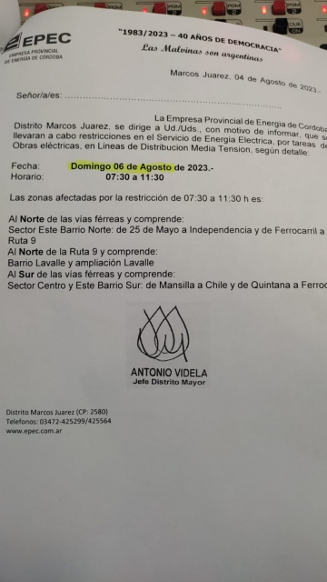 Corte de suministro de energía para este sábado 05 y domingo 06 de agosto 