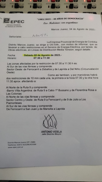 Corte de suministro de energía para este sábado 05 y domingo 06 de agosto 